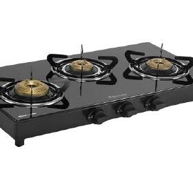 3 burner black glass gas stove with brass burners, durable pan supports, and manual knobs for efficient modern kitchen cooking